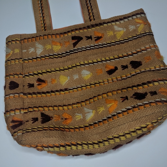 VINTAGE Handmade Boho Embroidered Burlap Tote - Picture 2 of 11